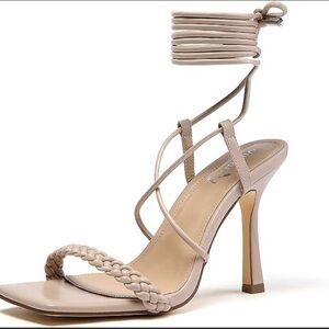 Braided Lace Up Heeled Sandals Square Open Toe Straps Stiletto Heels nude 7.5